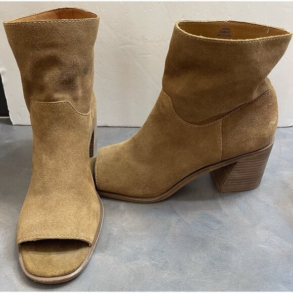 Lucky Brand Boots Women's 9.5 M Slouch Ankle Booties Heels Peep Toe Brown Suede - Picture 1 of 7